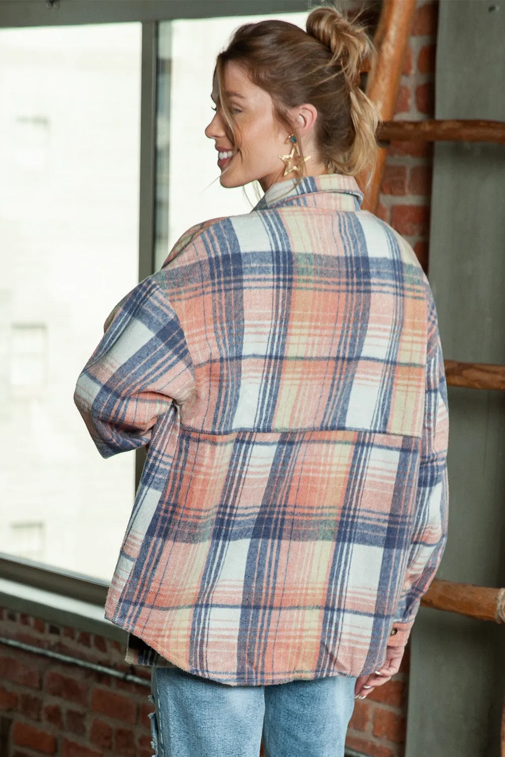 Pink & Grey Plaid Button Up Collared Flannel Shacket