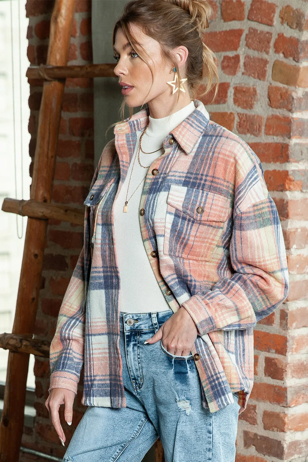 Pink & Grey Plaid Button Up Collared Flannel Shacket