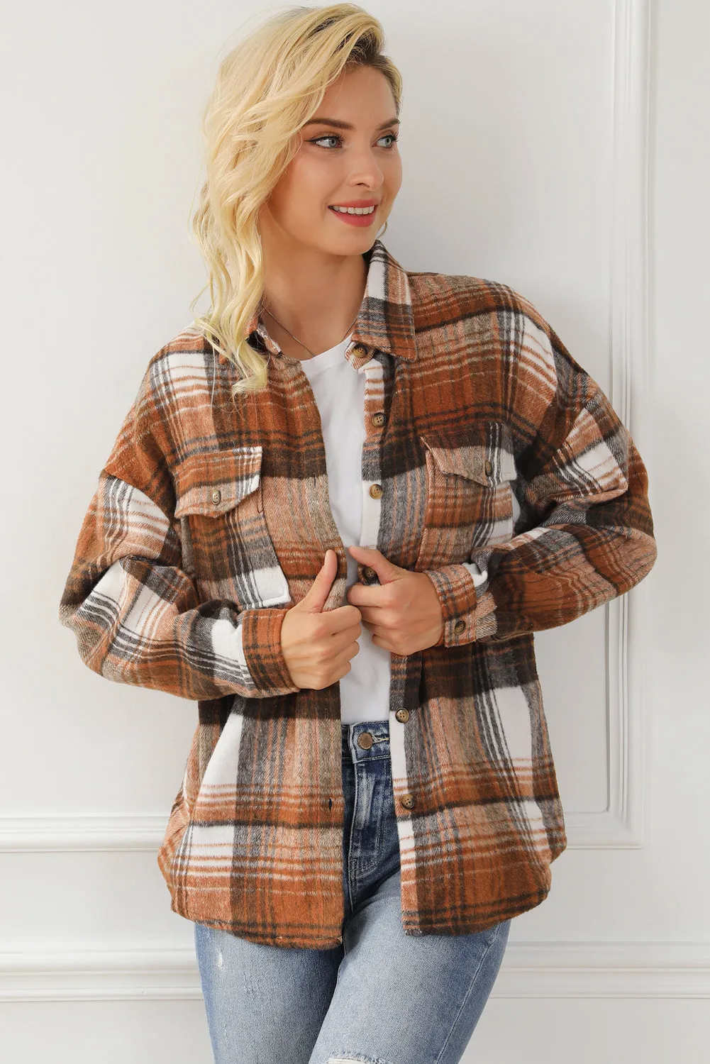 Pink & Grey Plaid Button Up Collared Flannel Shacket