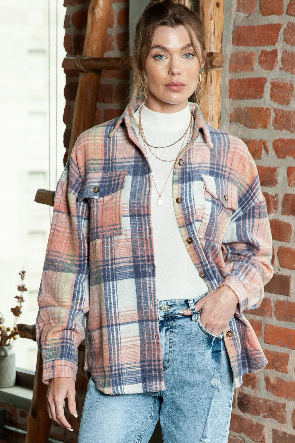 Pink & Grey Plaid Button Up Collared Flannel Shacket