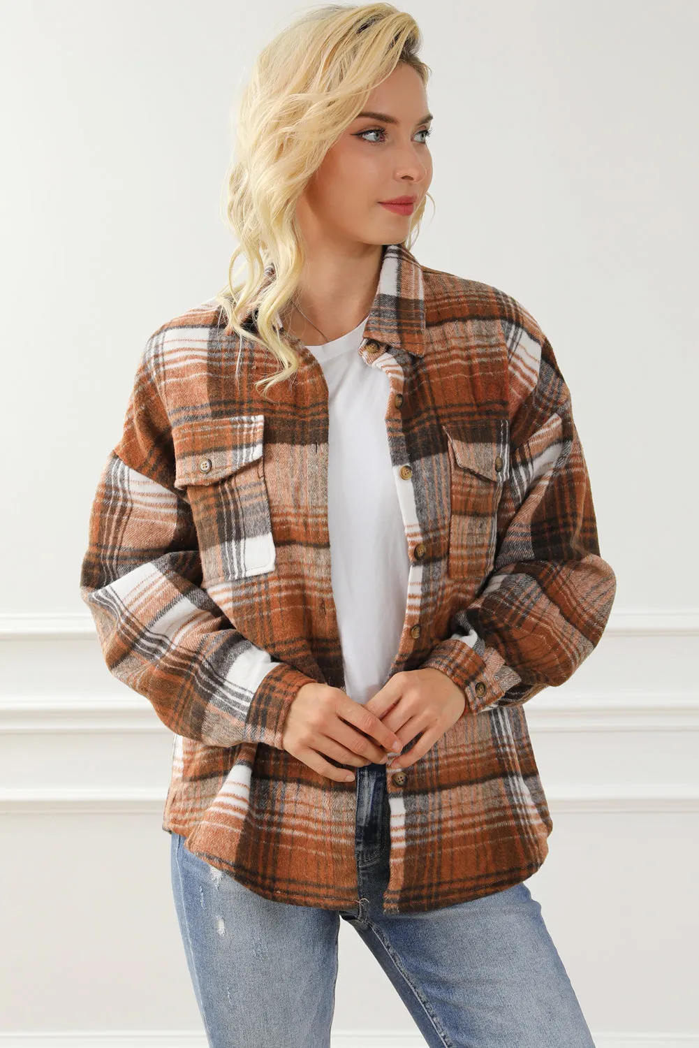 Pink & Grey Plaid Button Up Collared Flannel Shacket