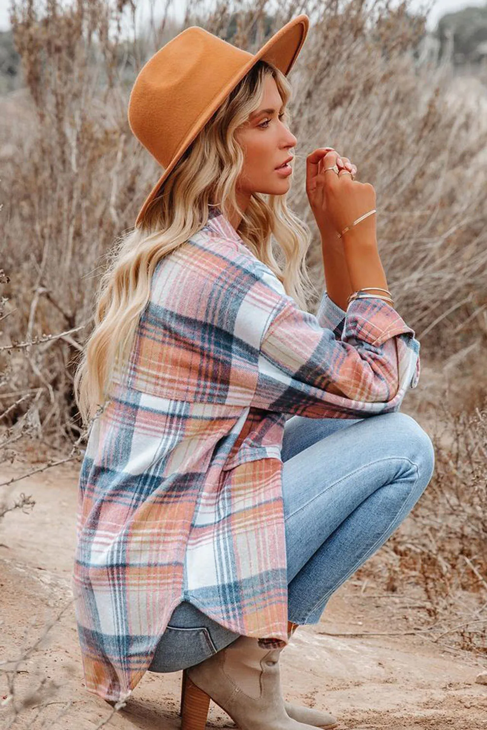 Pink & Grey Plaid Button Up Collared Flannel Shacket