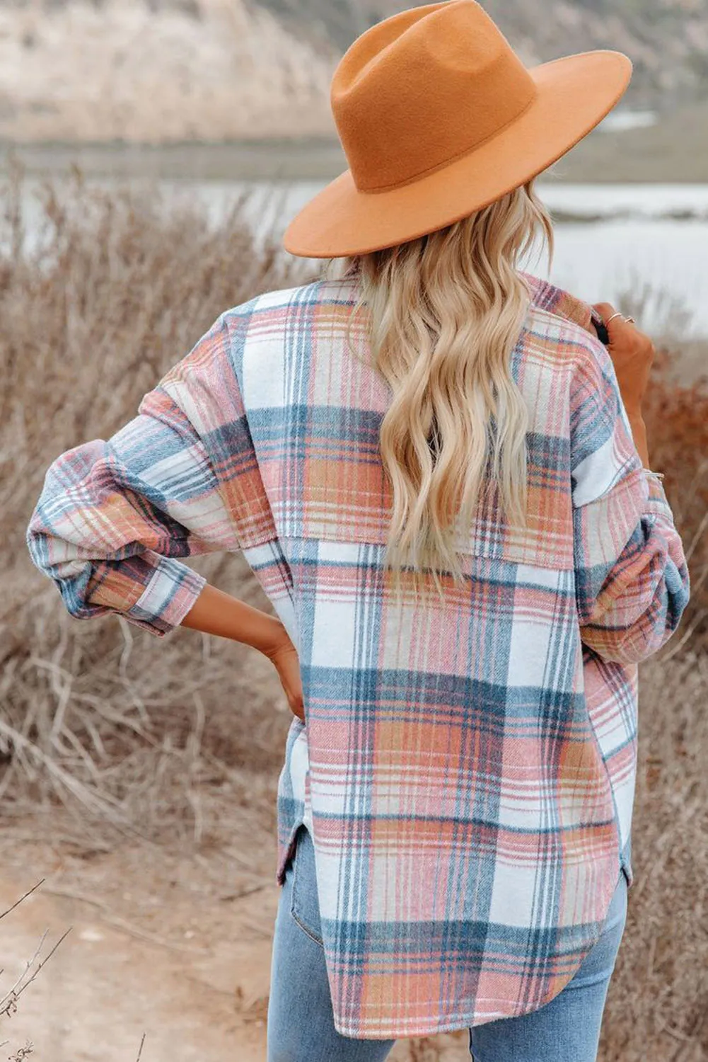 Pink & Grey Plaid Button Up Collared Flannel Shacket