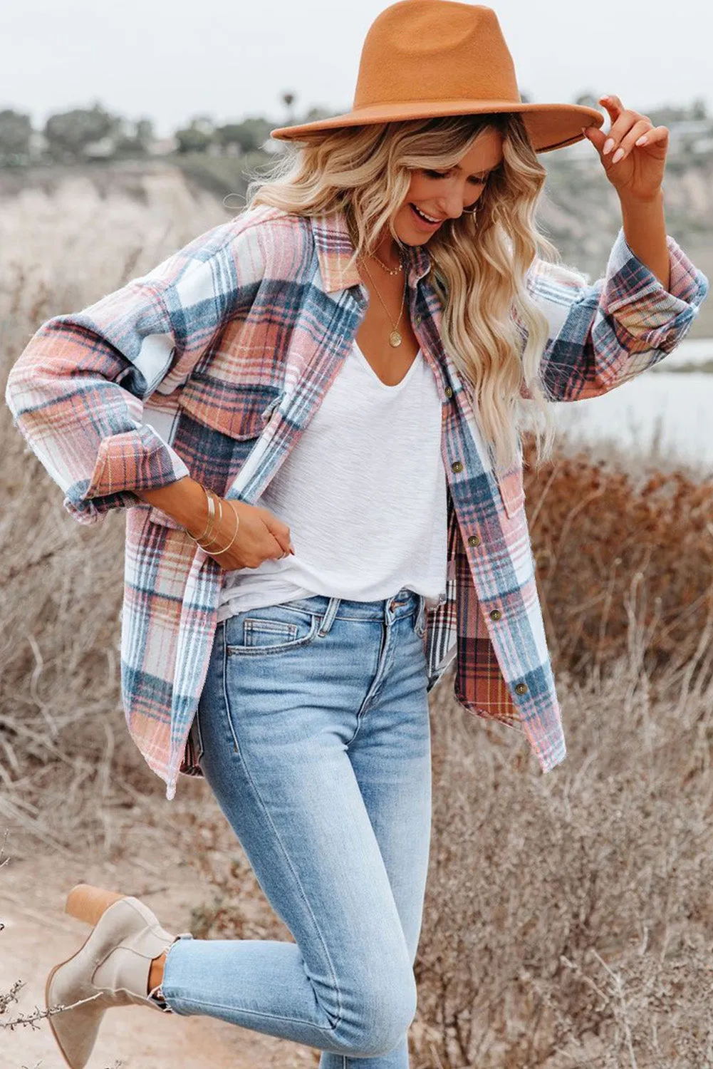 Pink & Grey Plaid Button Up Collared Flannel Shacket