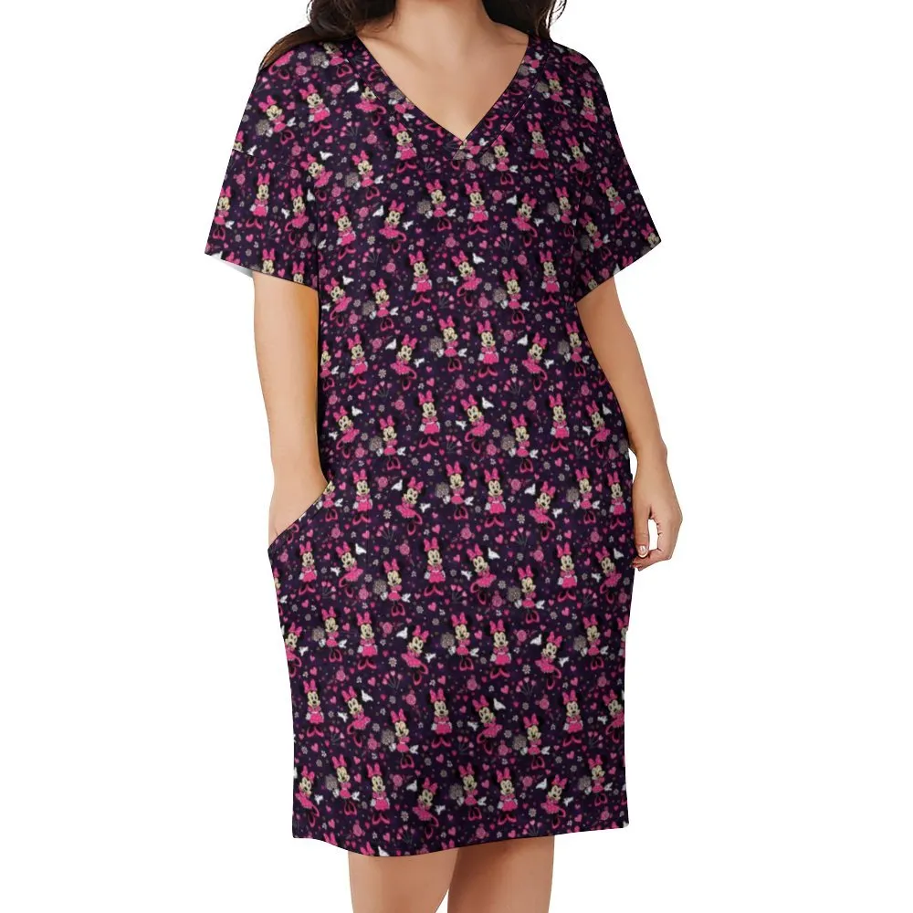 Pink Minnie Women's V-neck Loose Dress With Pockets