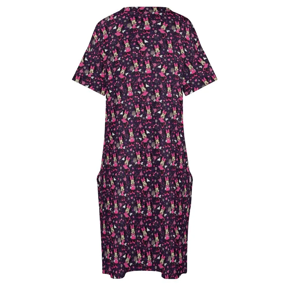 Pink Minnie Women's V-neck Loose Dress With Pockets