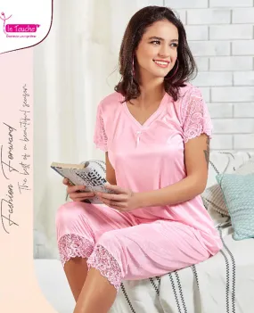 Pink Satin Night Suits Set Nightwear for Woman