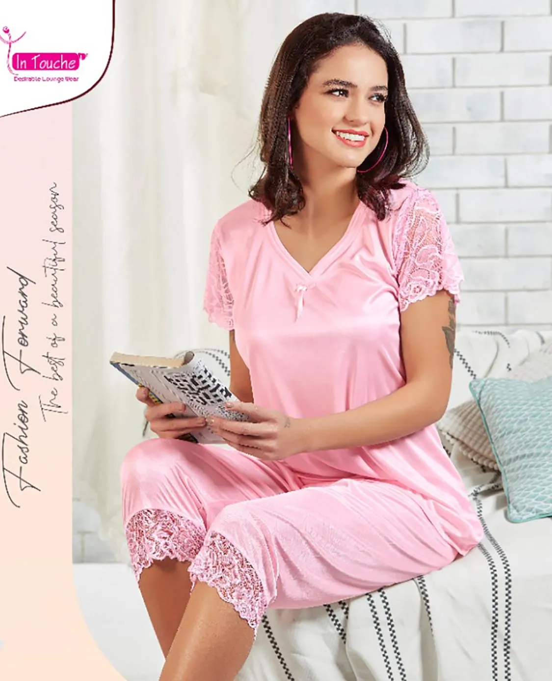 Pink Satin Night Suits Set Nightwear for Woman