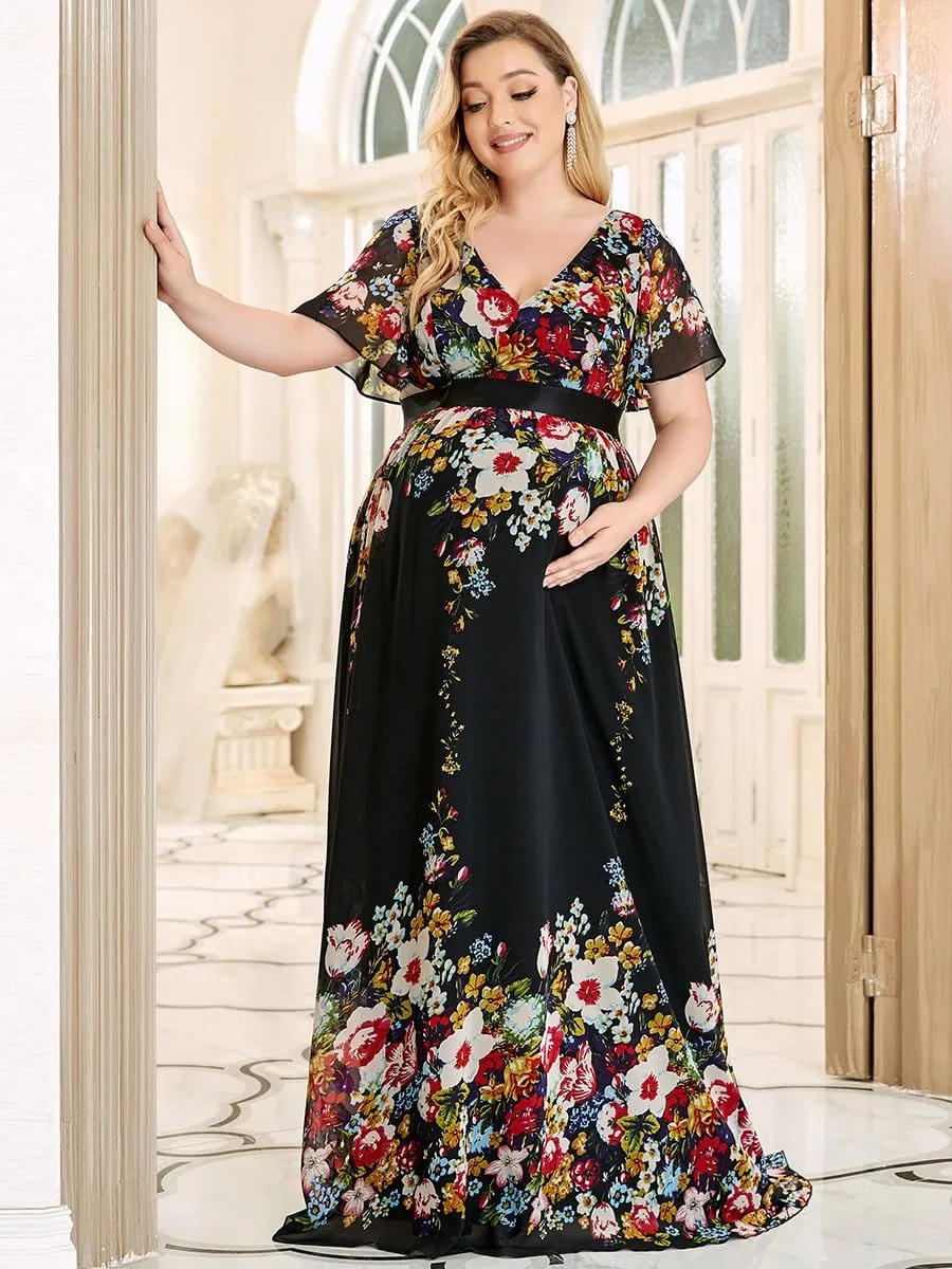 Plus Size Floral Print V-Neck Short Sleeve Ruffle Bump Friendly Dress