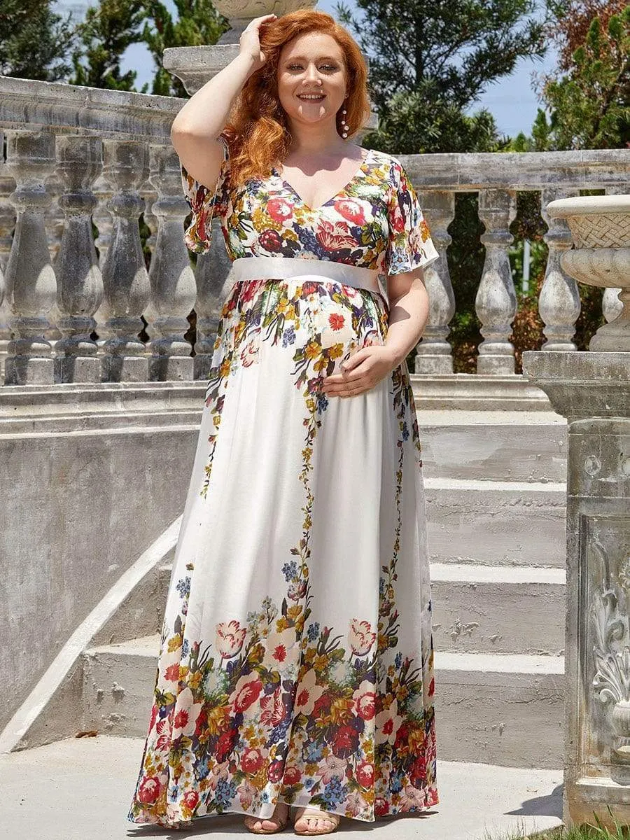 Plus Size Floral Print V-Neck Short Sleeve Ruffle Bump Friendly Dress