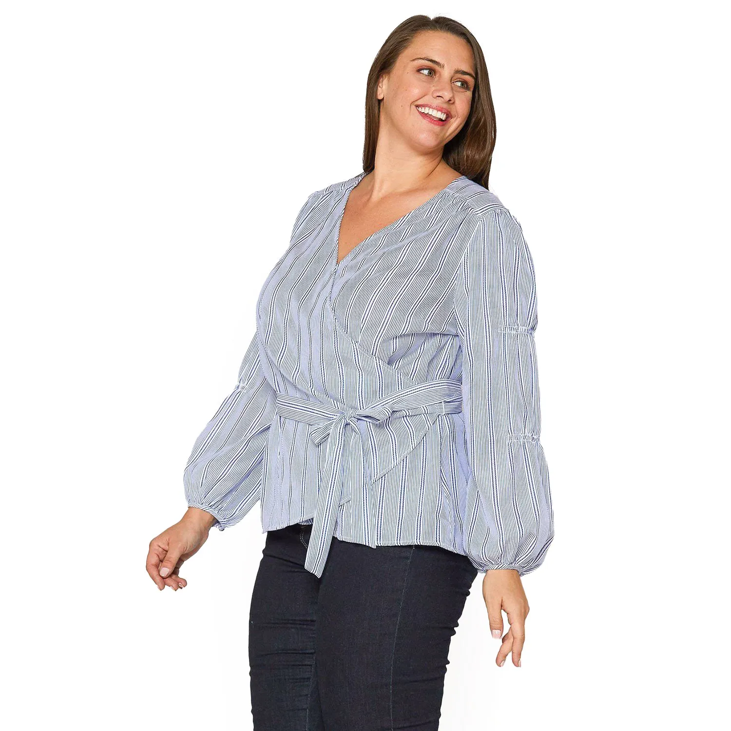 Plus Size Stripe Wrap Blouse in Blue