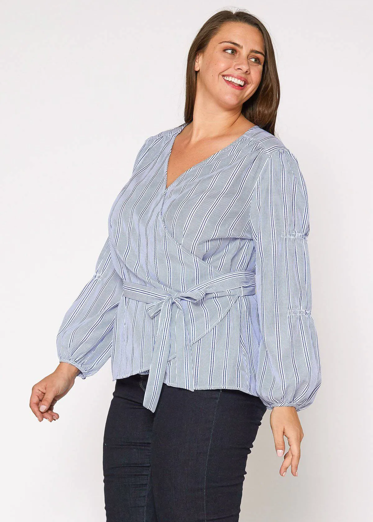 Plus Size Stripe Wrap Blouse in Blue