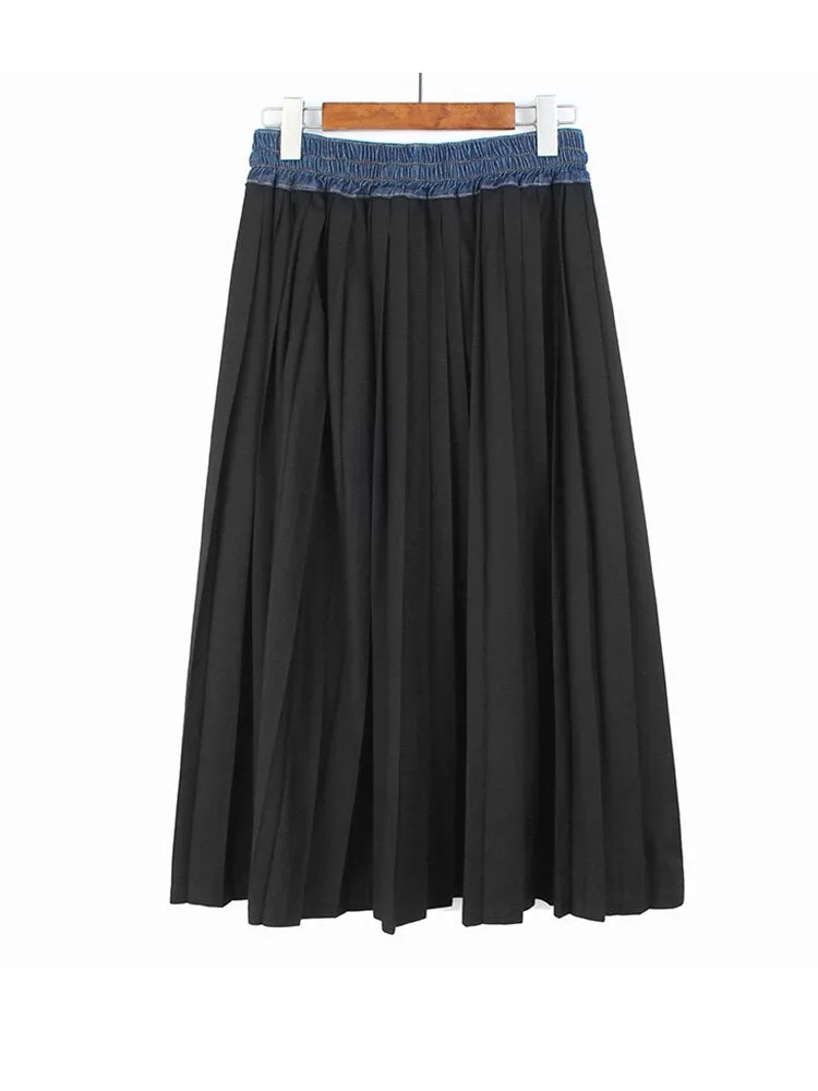 Pre Order:  Pleated Denim A Line Skirt