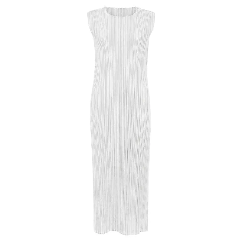 Pre Order:  Solid Pleated Sleeveless Midi Dress