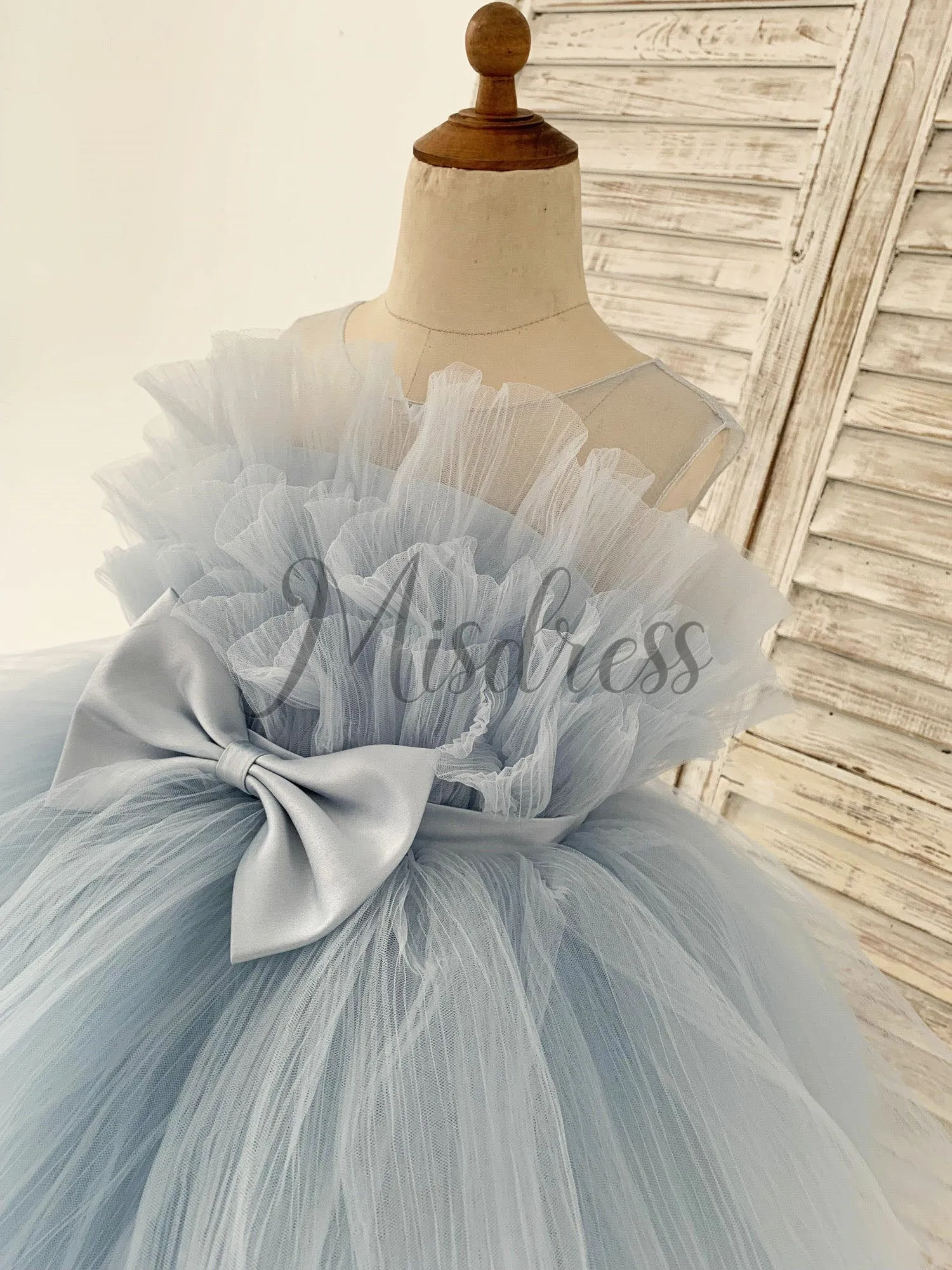 Princess Sheer Neck Pleated Dusty Blue Tulle Wedding Flower Girl Dress