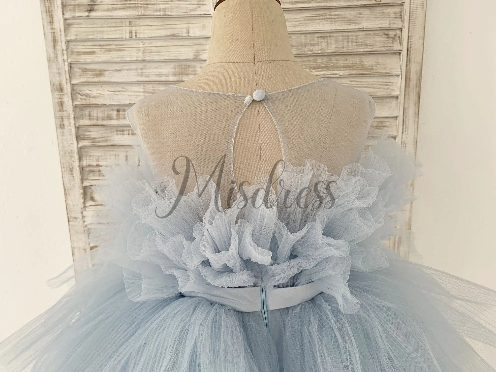 Princess Sheer Neck Pleated Dusty Blue Tulle Wedding Flower Girl Dress