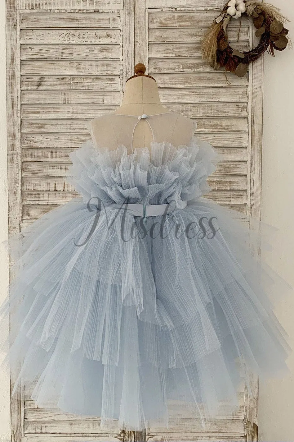 Princess Sheer Neck Pleated Dusty Blue Tulle Wedding Flower Girl Dress