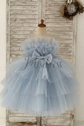 Princess Sheer Neck Pleated Dusty Blue Tulle Wedding Flower Girl Dress