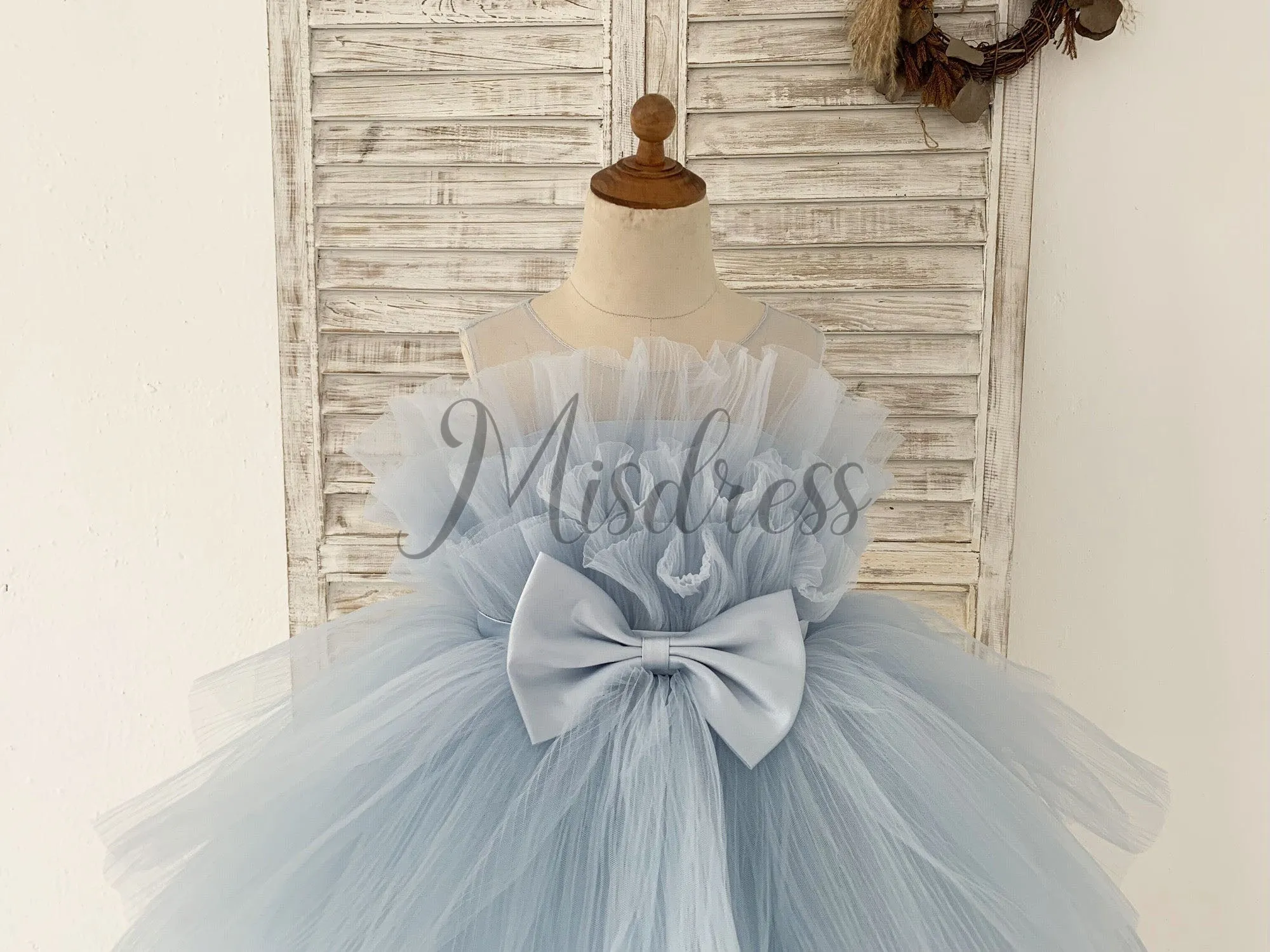 Princess Sheer Neck Pleated Dusty Blue Tulle Wedding Flower Girl Dress