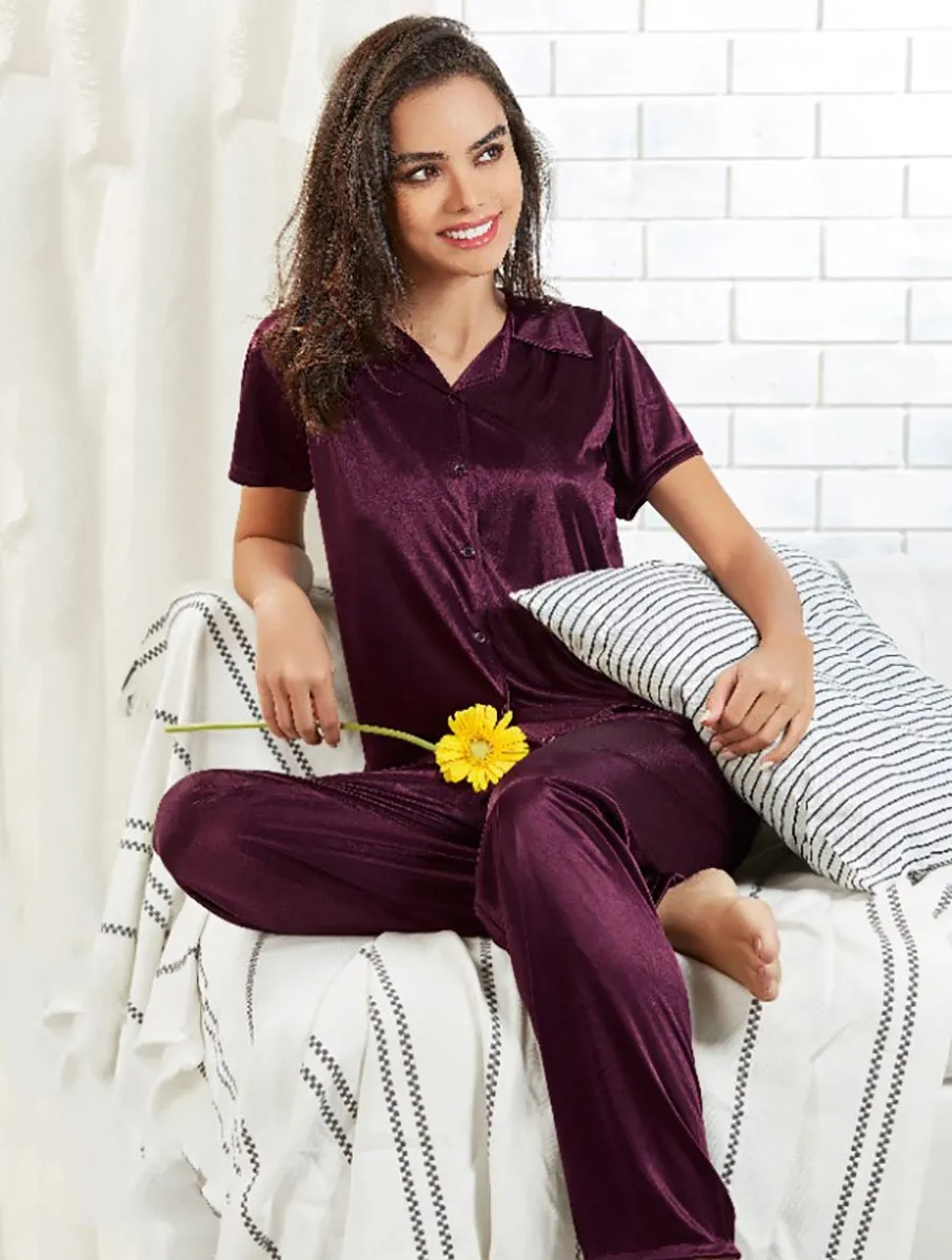 Purple Satin Night suits Pajamas Set for Ladies