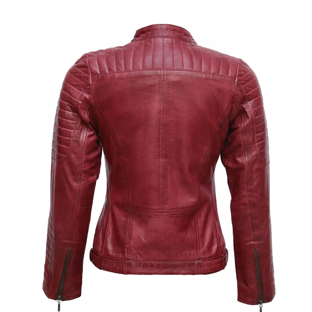 Quilted Burgundy Leather Jacket with Collar Belt