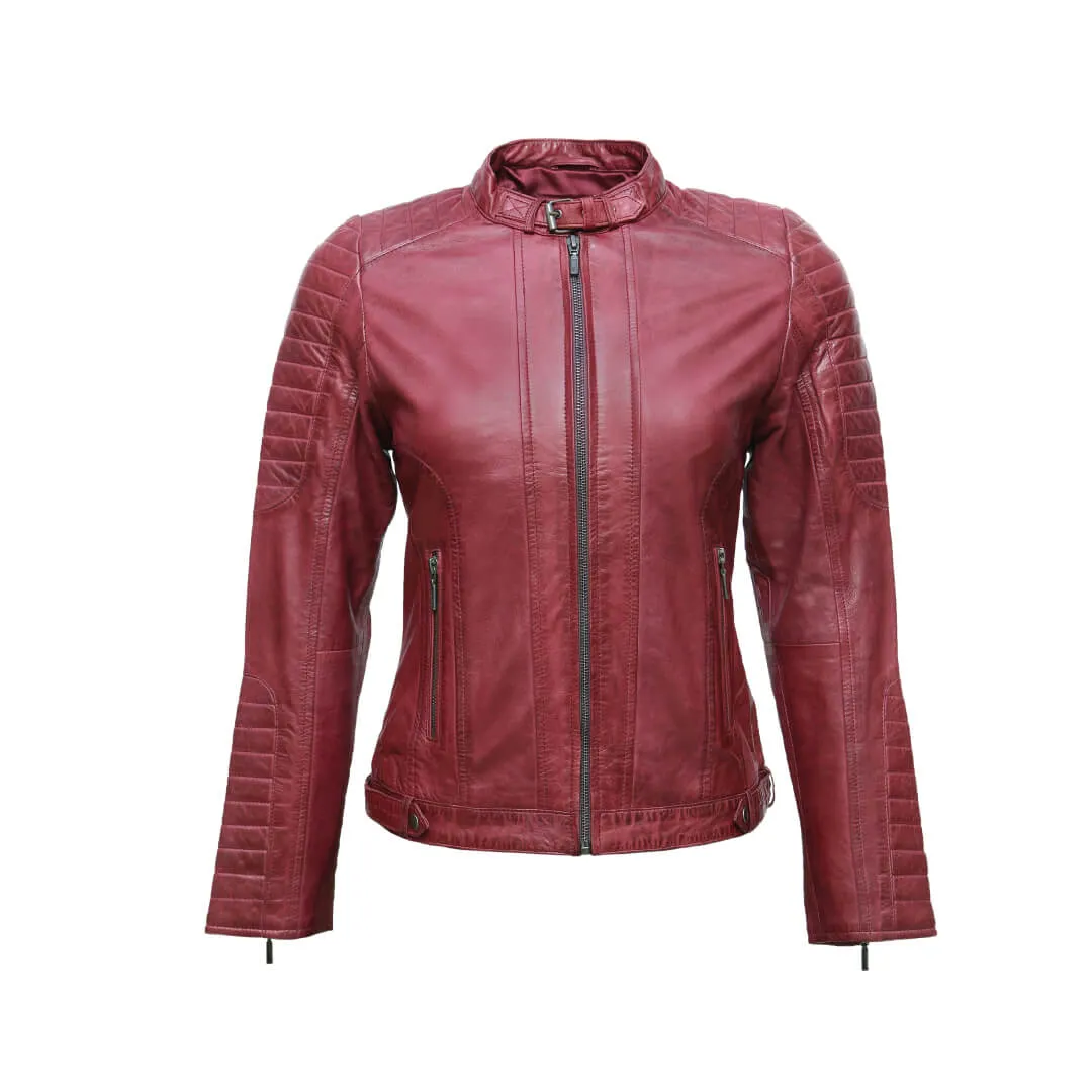 Quilted Burgundy Leather Jacket with Collar Belt