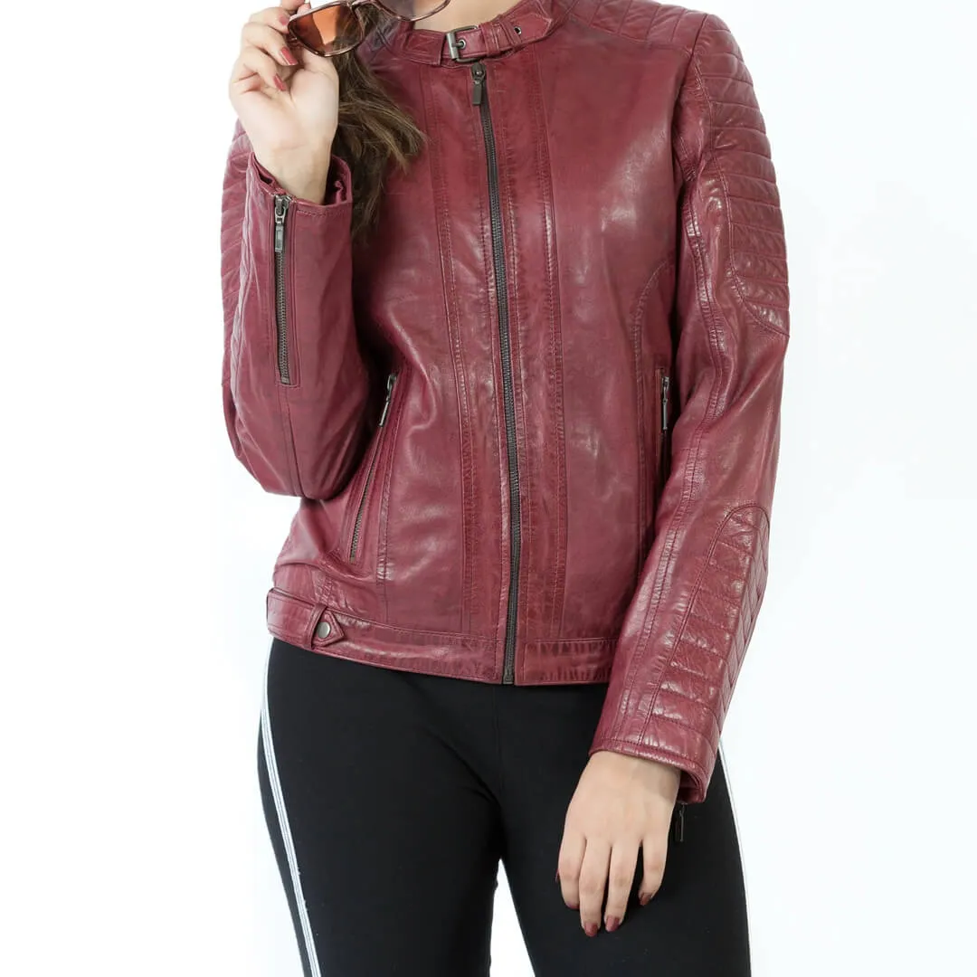 Quilted Burgundy Leather Jacket with Collar Belt