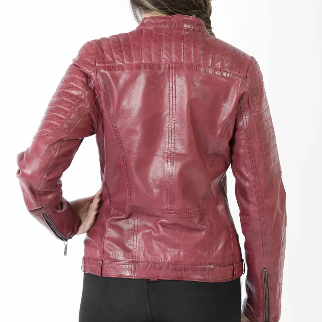 Quilted Burgundy Leather Jacket with Collar Belt