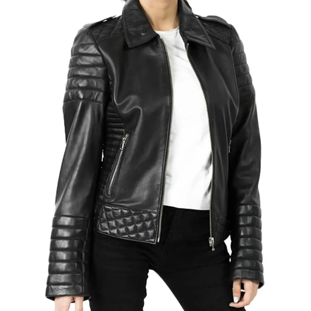 Quilted Leather Jacket with Zipper-Cuffs