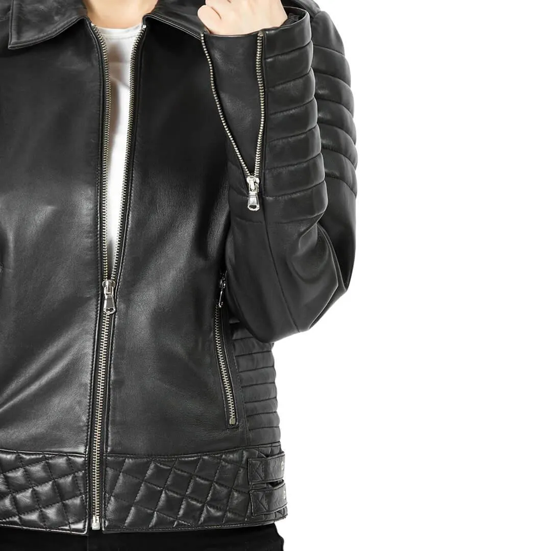 Quilted Leather Jacket with Zipper-Cuffs