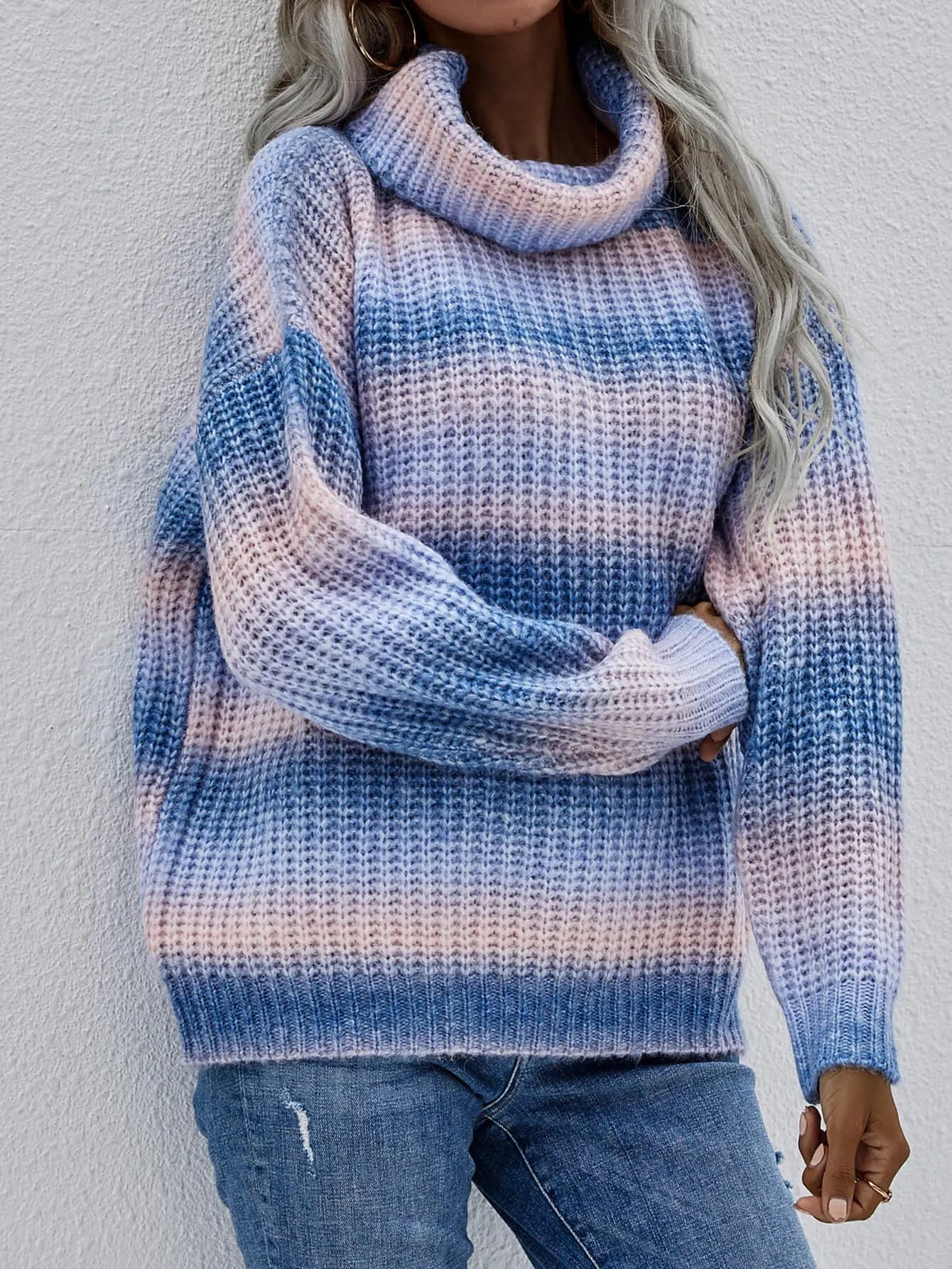 Rainbow Rib-Knit Turtleneck Drop Shoulder Sweater