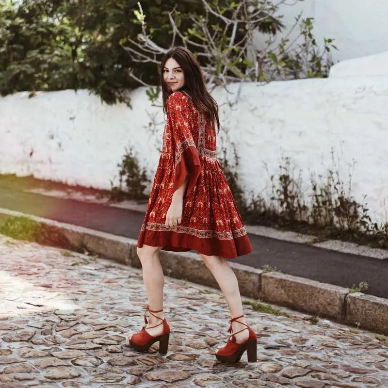 Red Floral Print Kimono Sleeve Mini Dress