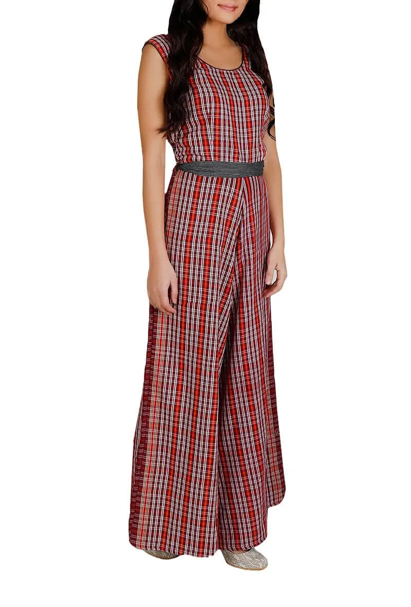 Red Gamcha Cotton Jumpsuit With Belt