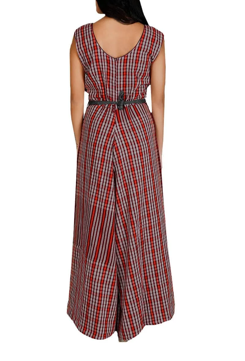 Red Gamcha Cotton Jumpsuit With Belt