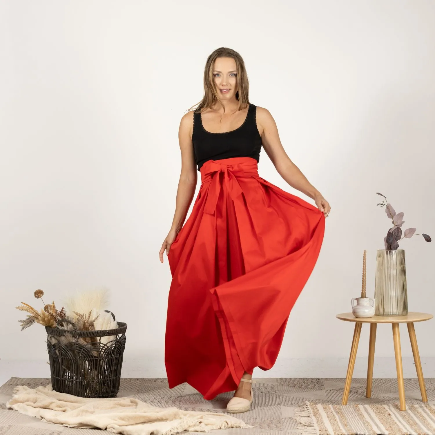 Red High Waist Pleated Maxi Skirt