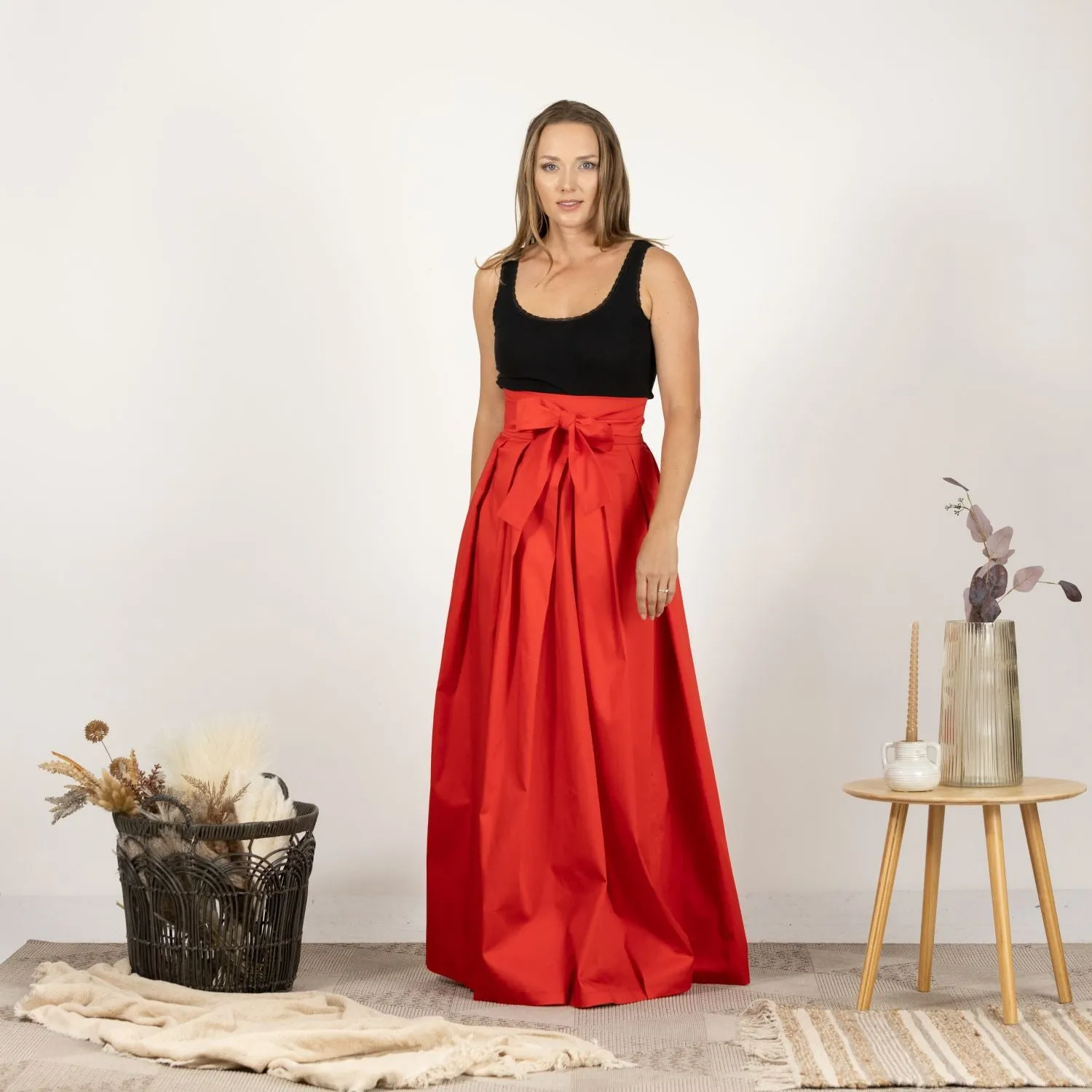 Red High Waist Pleated Maxi Skirt