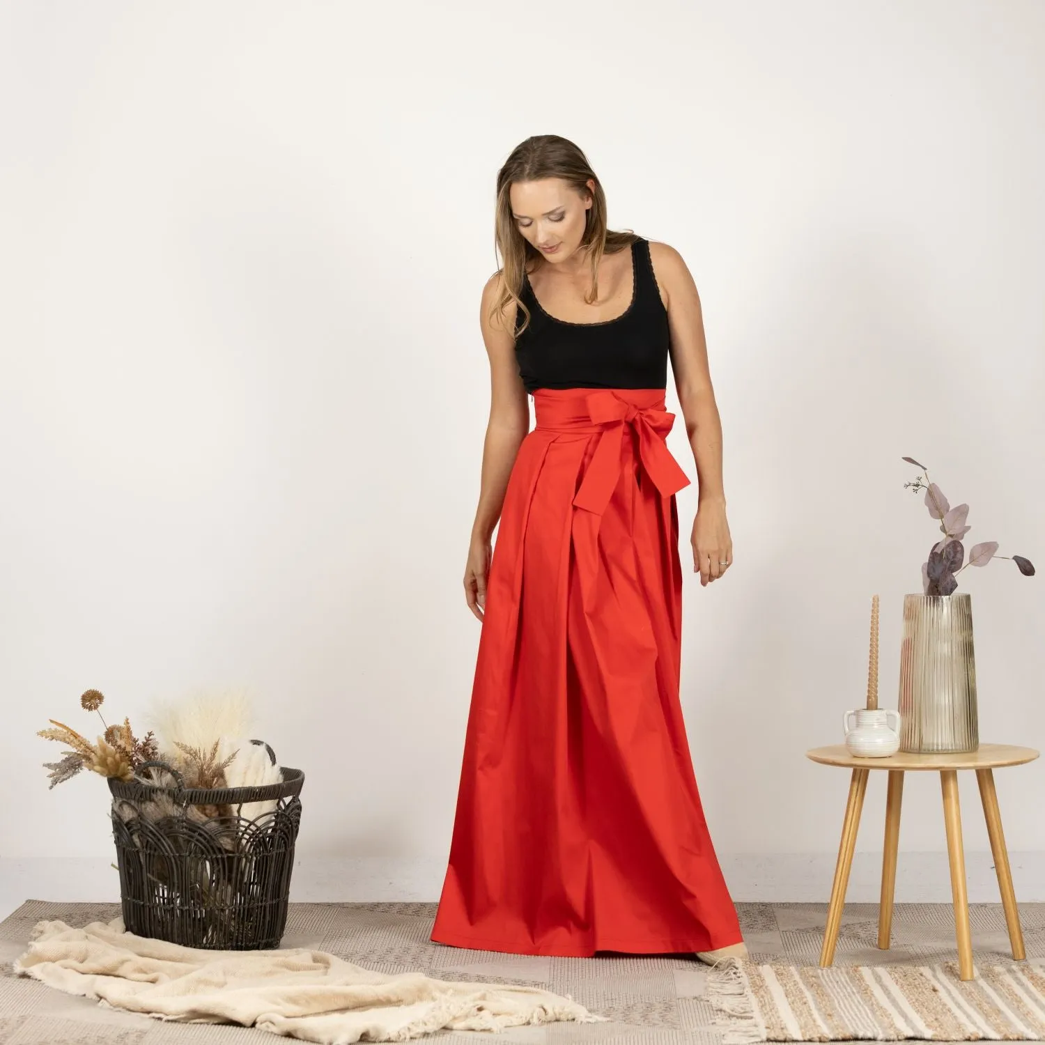 Red High Waist Pleated Maxi Skirt