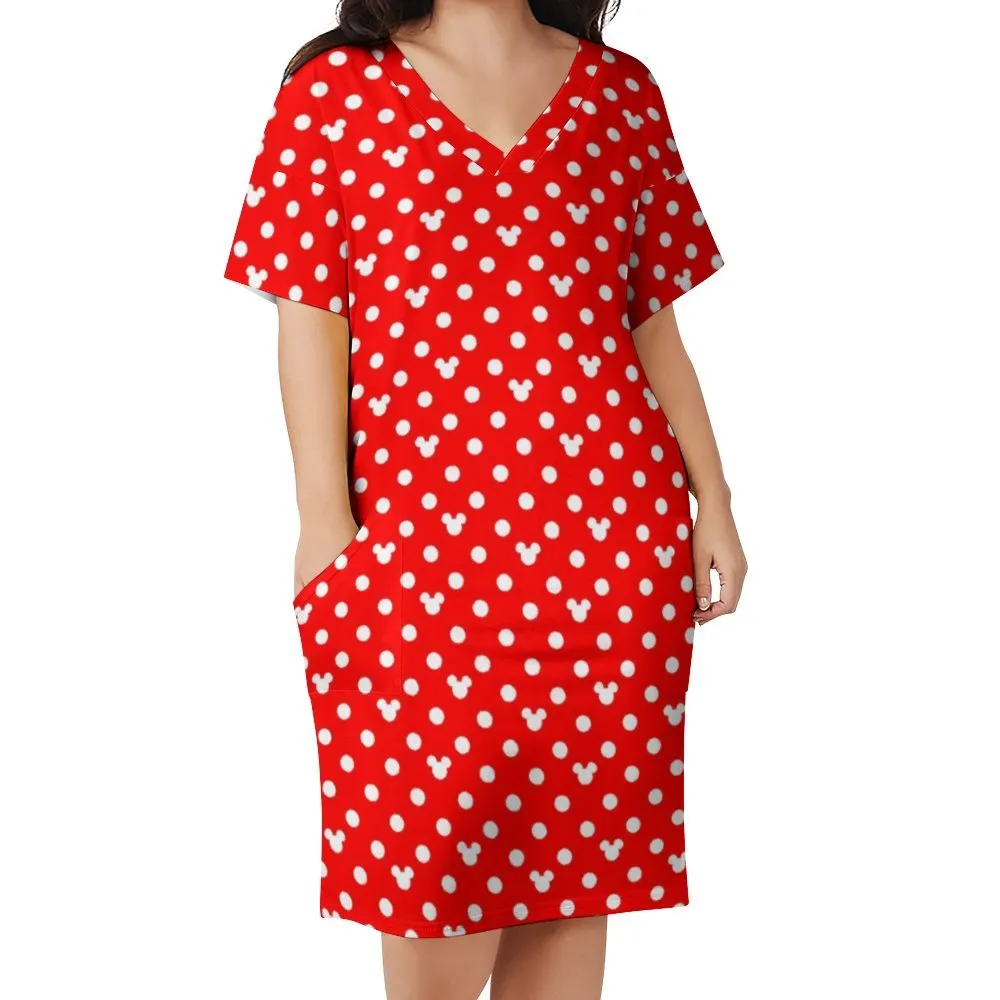 Red With White Mickey Polka Dots Women's V-neck Loose Dress With Pockets