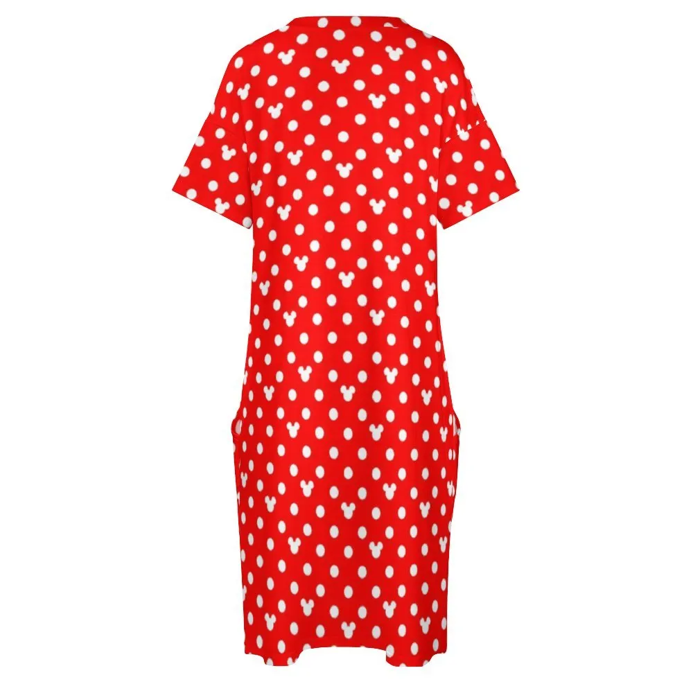 Red With White Mickey Polka Dots Women's V-neck Loose Dress With Pockets