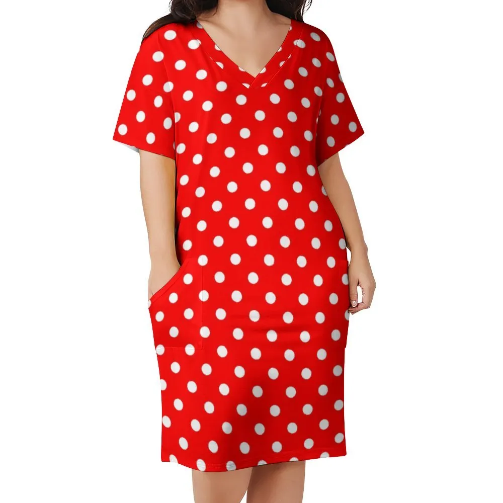 Red With White Polka Dots Women's V-neck Loose Dress With Pockets