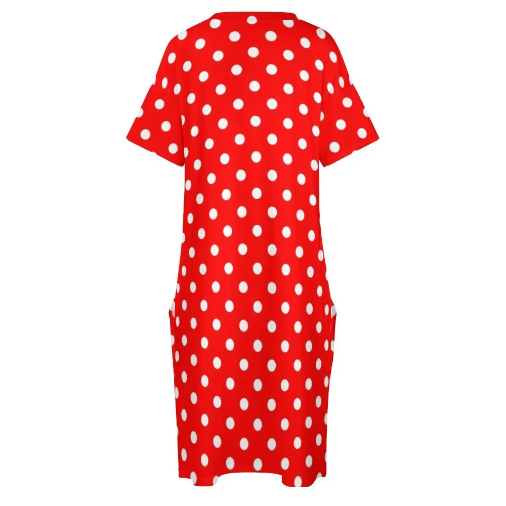 Red With White Polka Dots Women's V-neck Loose Dress With Pockets