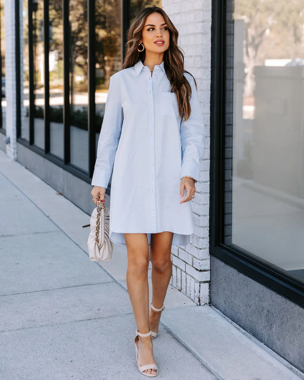 Risky Business Pocketed Button Down Shirt Dress - Sky Blue