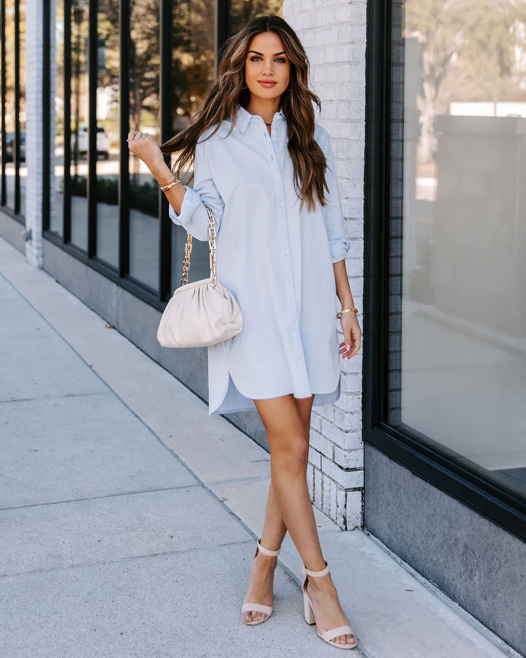 Risky Business Pocketed Button Down Shirt Dress - Sky Blue