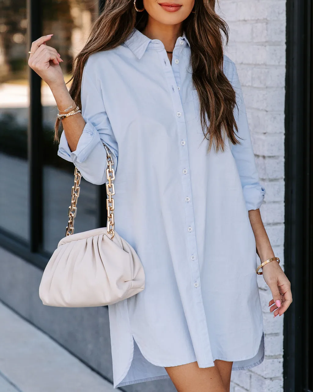 Risky Business Pocketed Button Down Shirt Dress - Sky Blue