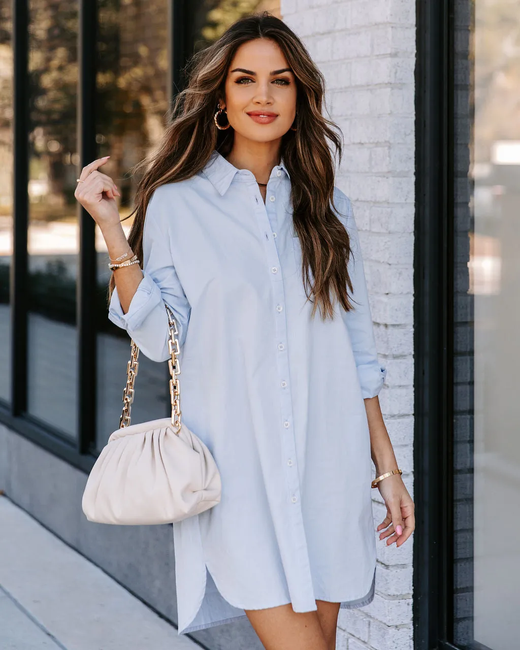 Risky Business Pocketed Button Down Shirt Dress - Sky Blue