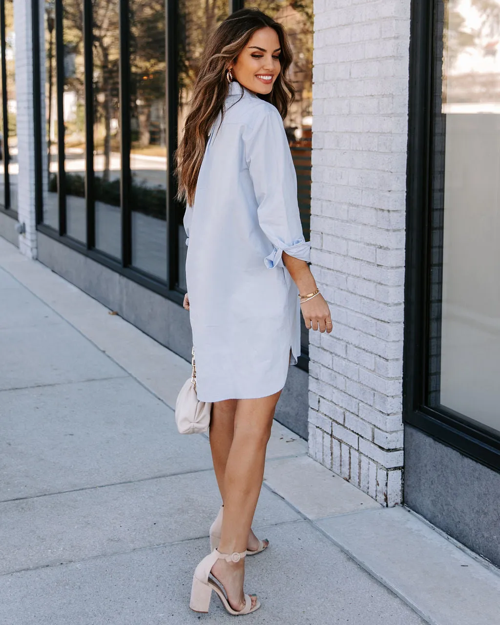 Risky Business Pocketed Button Down Shirt Dress - Sky Blue