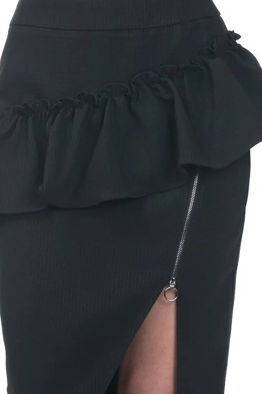 Ruffle Pencil Skirt W/ Zipper Slit