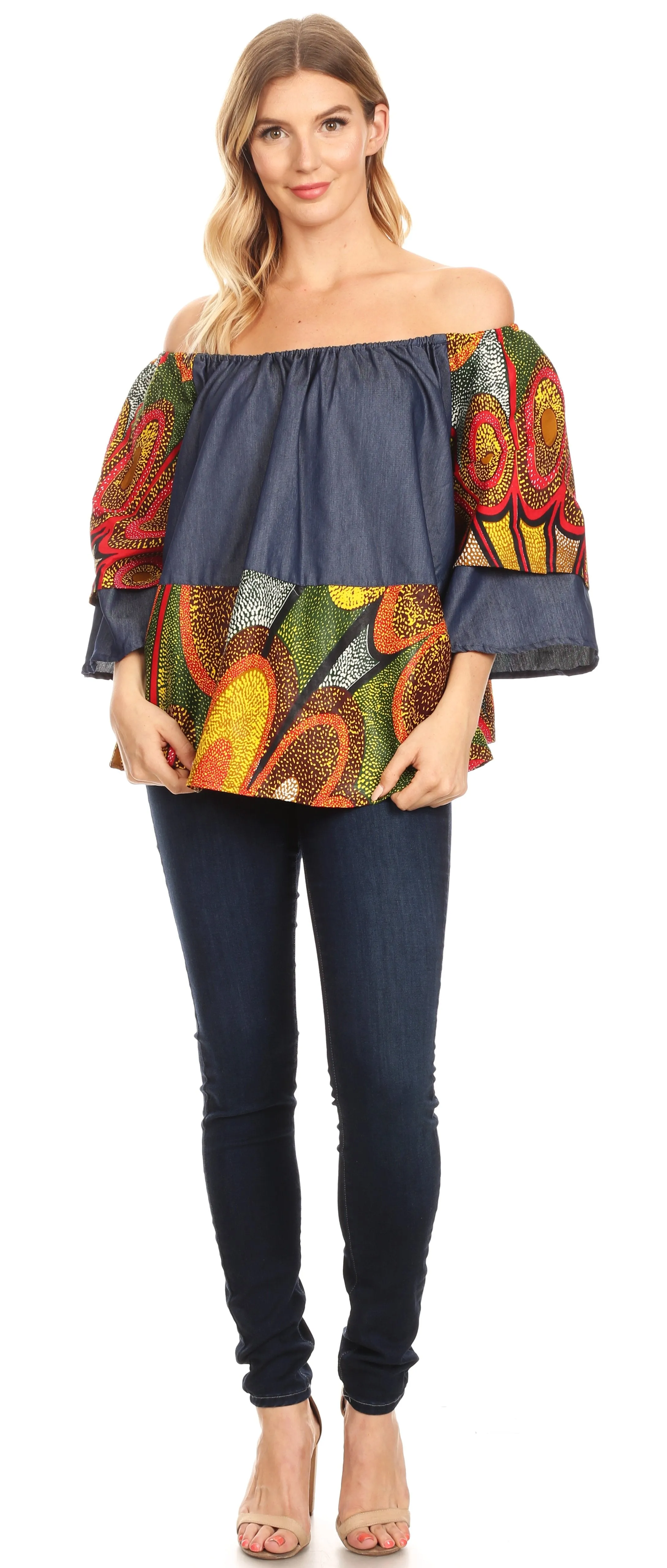 Sakkas Desta Off-shoulder Tent Top Blouse on Chambray and Wax African Ankara Print