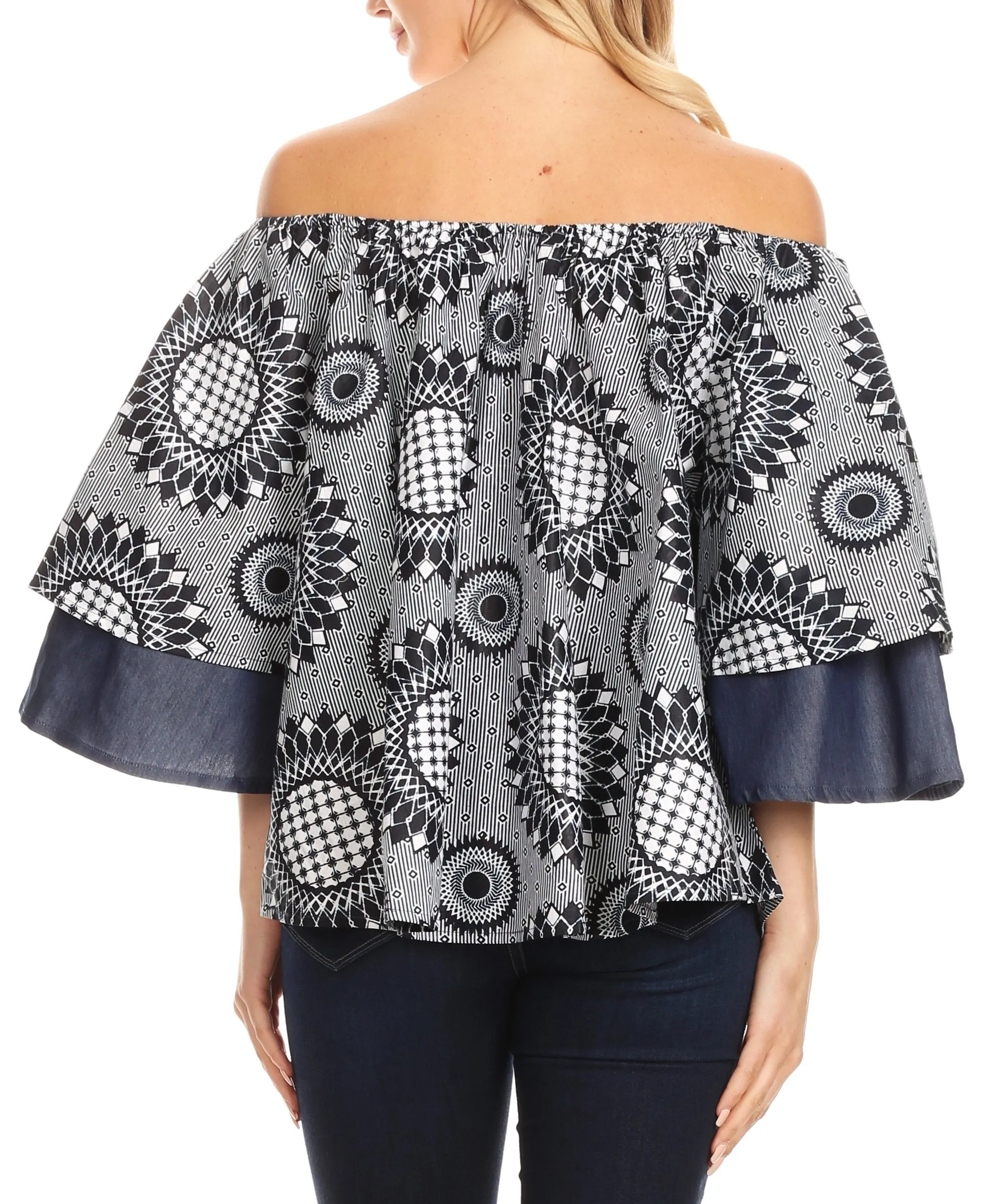 Sakkas Desta Off-shoulder Tent Top Blouse on Chambray and Wax African Ankara Print