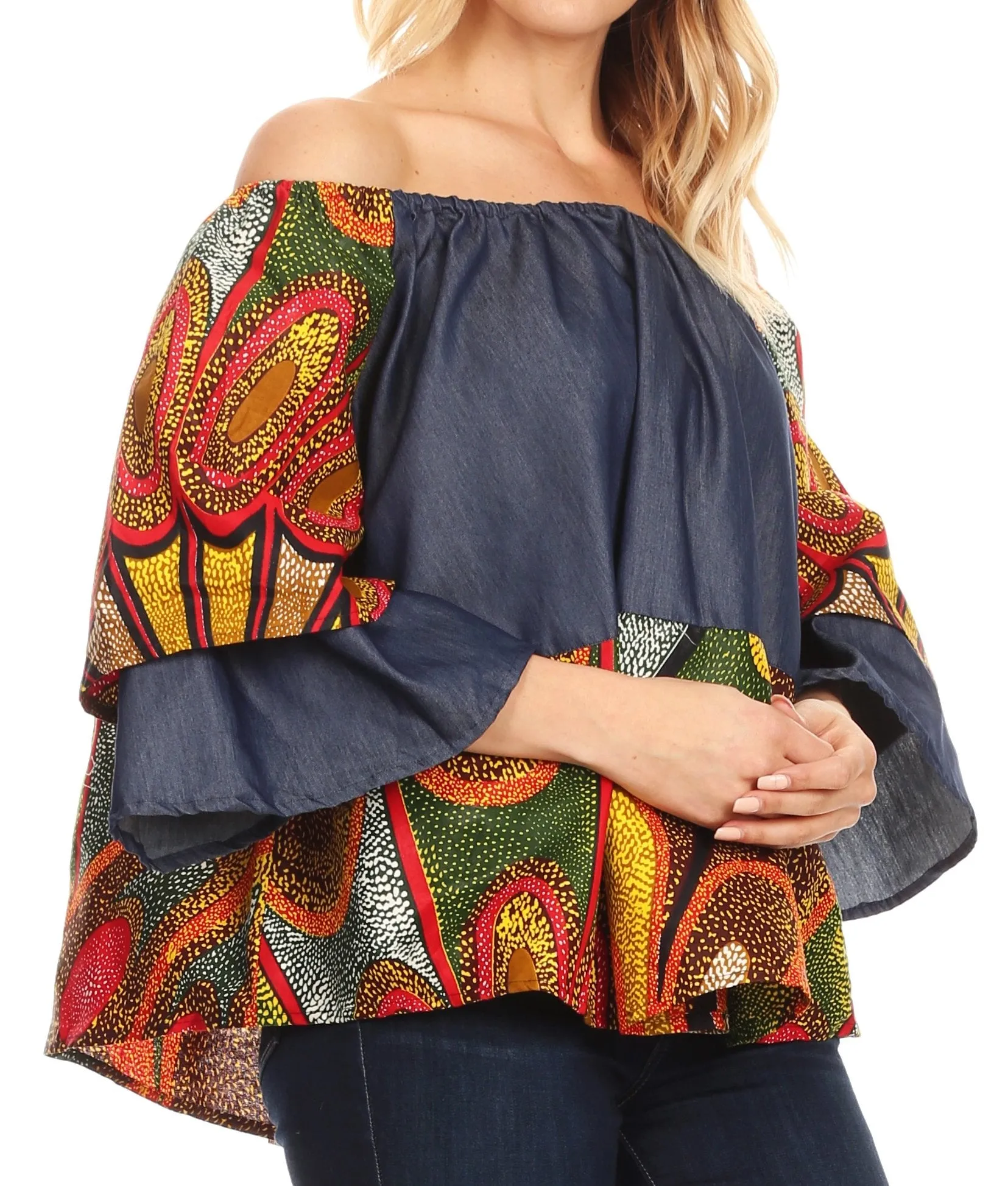 Sakkas Desta Off-shoulder Tent Top Blouse on Chambray and Wax African Ankara Print